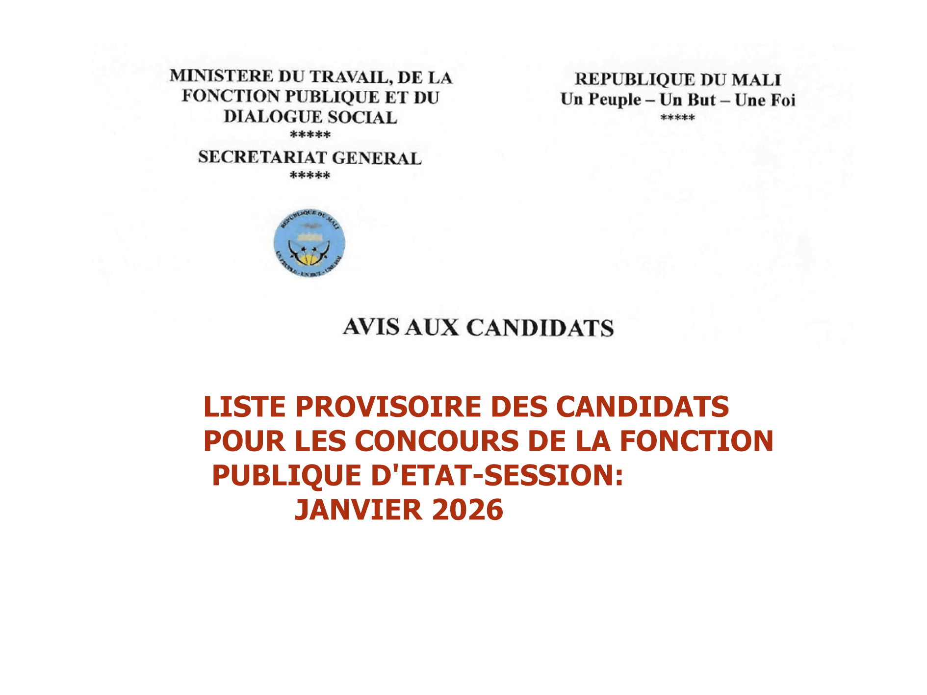 Liste provisoire des candidats – Concours d’entrée dans la Fonction Publique de l’État (Session Janvier 2026)